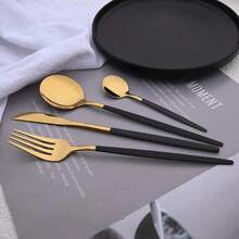 32 Pieces/Gold Silverware Set For 8, Mirror Polished Gold With Black Handle Flatware Set, 32 Pieces Stainless Steel Cutlery Tableware Set, Kitchen Utensils Set Include Spoons And Forks Set, Dishwasher Safe - Vàng - Xem 3