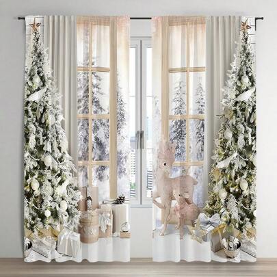 2pcs Tree & Reindeer Print Sheer Curtain, Rod Pocket Top, Polyester Fabric, High Definition Digital Printing, Warm & Cute Style Home Decor, Suitable For Bedroom, Living Room, Kitchen, Office Christmas Decorations Room Decor Christmas