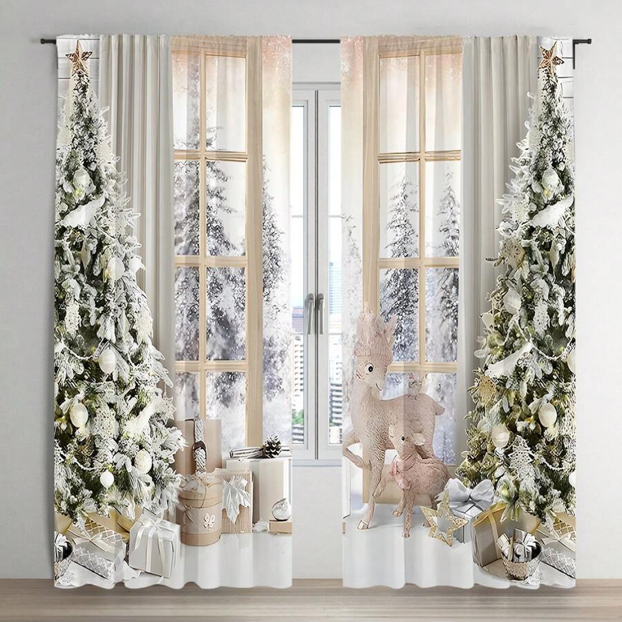 2pcs Christmas, Christmas Tree, Reindeer Plush Decor, Flat Print Voile Curtains, Rod Pocket Top, Quality Polyester Fabric, Thick & Durable, Washable, Fade-Resistant, Warm & Cute Christmas Home Decor, Suitable For Bedroom, Living Room, Kitchen, Office, Party