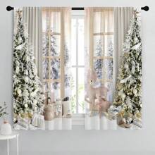 2pcs Christmas, Christmas Tree, Reindeer Plush Decor, Flat Print Voile Curtains, Rod Pocket Top, Quality Polyester Fabric, Thick & Durable, Washable, Fade-Resistant, Warm & Cute Christmas Home Decor, Suitable For Bedroom, Living Room, Kitchen, Office, Party