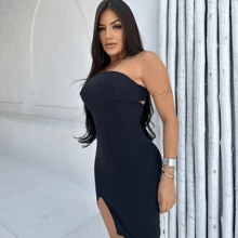 Vestido Vermelho Curto Tomara que Caia com Fenda na Perna e Amarração nas Costas - Natal 2025 - Preto - Visão 3