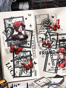 10张复古黑元素动植物图案贴纸，创意PET透明材质贴纸包，花朵、蝴蝶、边框等图案可供选择，用于DIY手册、剪贴簿材料装饰贴纸、学习文具装饰贴纸 - 彩色 - 查看 10