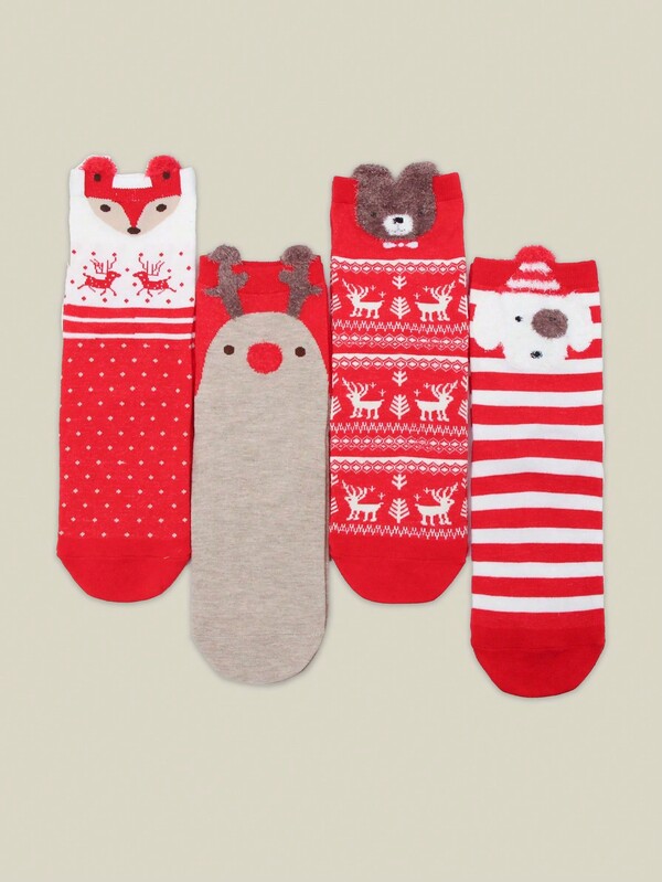 1/2/4 pary skarpetek damskich do połowy łydki z serii świątecznej z reniferem, bałwanem i świętym Mikołajem
