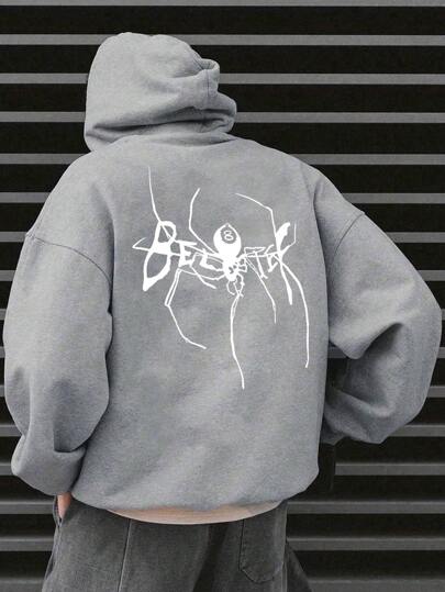 Plus Size Men's Thickened Fleece Sweatshirt, 2025 Autumn/Winter New Oversize, Warm Loose Fit Pullover Sweatshirt, Casual Graphic Printed School Uniform, Halloween Theme, Black Gray