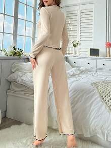 2 件套女士新款拼色 V 领荷叶边睡衣套装，长袖上衣和裤子，甜美风格，适合睡衣或休闲装，秋季 - 杏色 - 查看 4