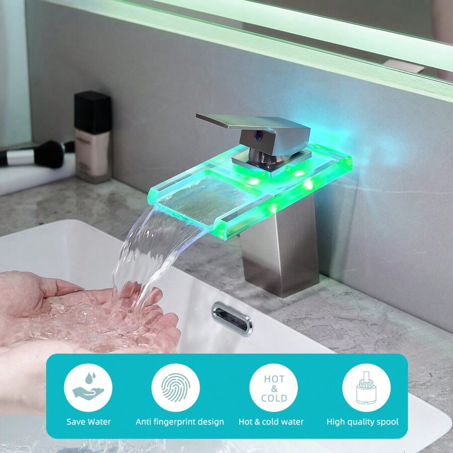 Bathroom Sink Faucet LED Light 3 Colors Changing Waterfall Glass Spout