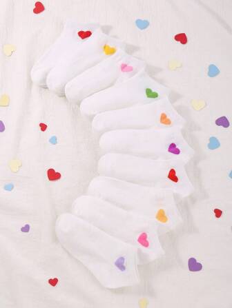 10 Pairs Of Baby Love Pattern White Socks For Toddlers Cute Stretch Socks For Boys And Girls Children's Sports Socks Cute Heart Pattern Solid Color Comfortable Socks Suitable For Daily Use