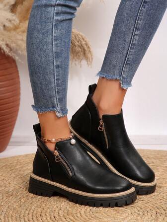 Kvinnor Stövlar Och Korta Stövlar, Damskor Vinterkängor, Nya Platta Skor Korta Kängor För Kvinnor Med Dragkedja, Svarta Stövlar