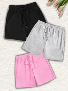 3 Packs Solid Elastic Waist Knotted Relaxed Sleep Shorts - 彩色 - 查看 10