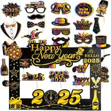 31 pezzi 2025 Cornice per foto set per feste di capodanno + set di maschere per feste tenute in mano, Accessori per cabina fotografica in carta per feste di capodanno, utilizzati per la decorazione delle feste di capodanno