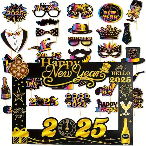 31 peças 2025 Moldura de Ano Novo + Conjunto de Máscara de Festa de Fotos Portátil, Conjunto de Moldura de Festa de Véspera de Ano Novo 2025, Acessórios de Cabine de Fotos de Papel de Natal, Usado para Decoração de Festa de Ano Novo