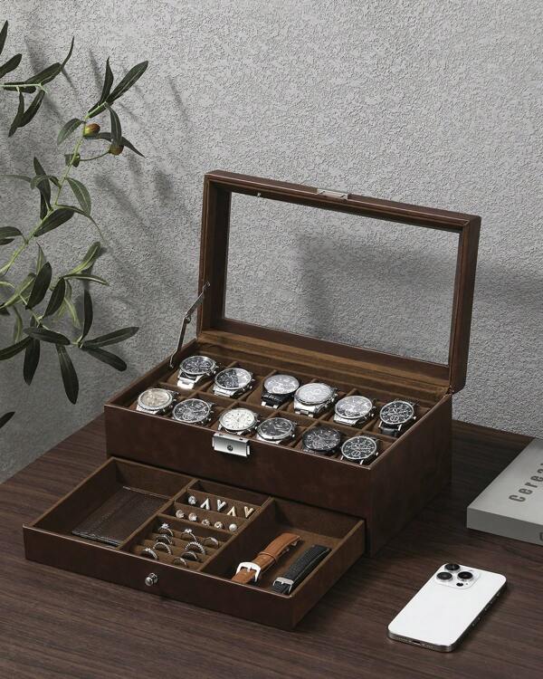 1 Pcs 12-Slot Lockable Watch Box With Glass Lid And Drawer - Black Synthetic Leather With Black Lining - Perfect Gift Idea For Rings, Bracelets, And More Back To School Dormitory Storage