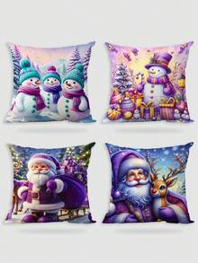 4pcs/1 Pc Charm Purple Series Snowman Santa Pillow Cover Sofa Bedroom Living Room Home Decoration Cushion Cover Bedroom Decoration Party Decoration