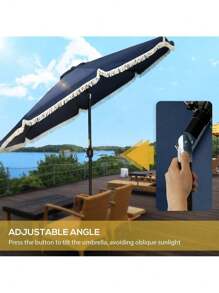 Outsunny 9ft Patio Umbrella With Push Button Tilt And Crank, Ruffled Outdoor Market Table Umbrella With Tassles And 8 Ribs, For Garden, Deck, Pool, Dark Blue,CozyNest9