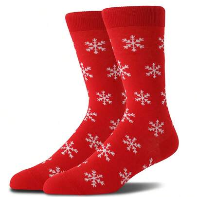 1 Pair Unisex Christmas Red Snowflake Mid-Calf Socks, European Size, Stretchy, Warm, Comfortable, Durable Long Socks