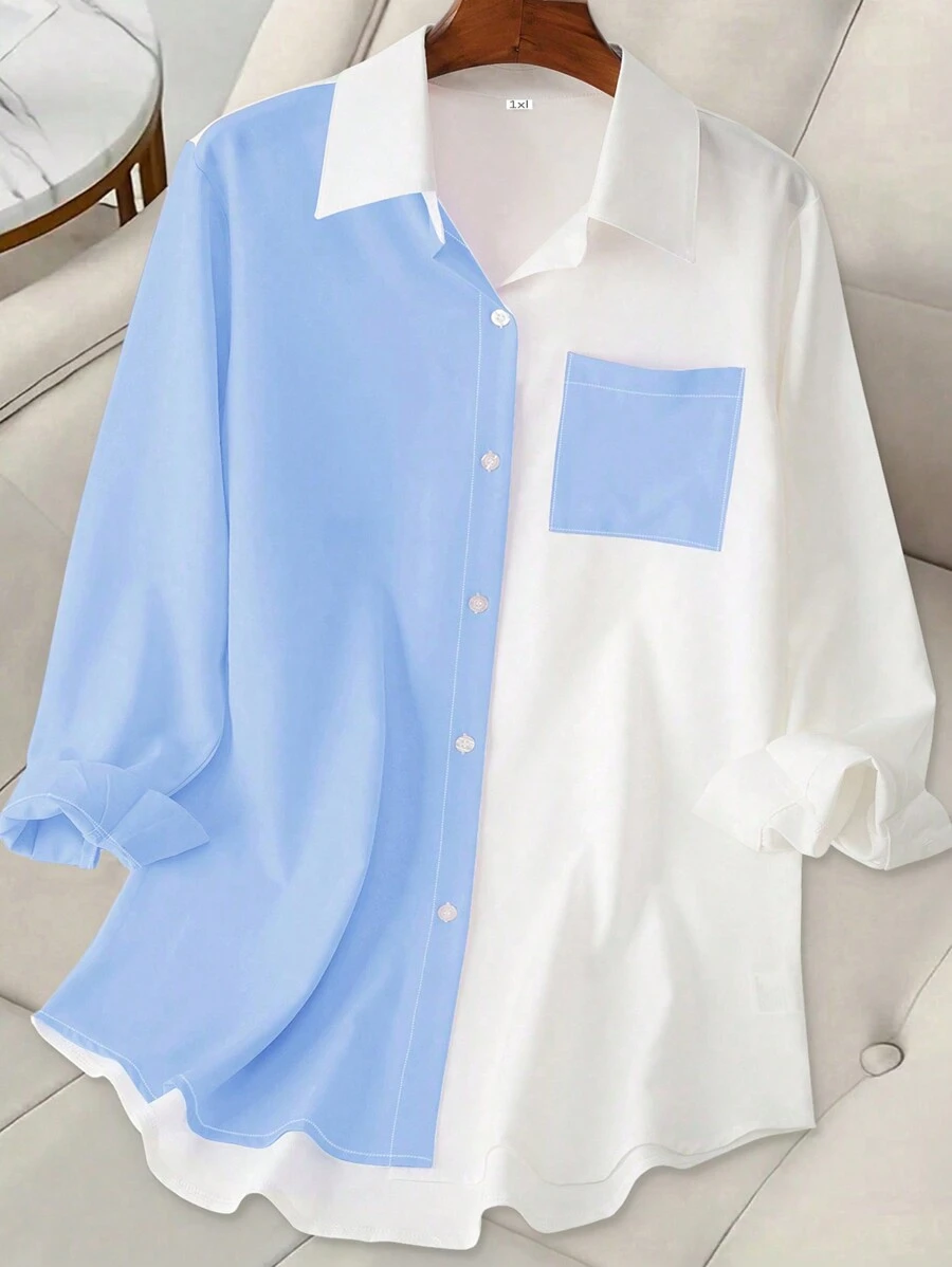 Áo cánh túi Colorblock thanh lịch vừa vặn cho nữ cỡ lớn - Màu xanh lam - Xem 1