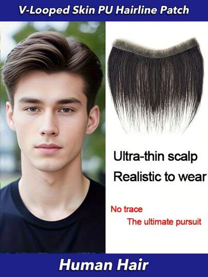 Reparación de la línea del cabello y la frente de 16x1.2 CM, piel sintética completa, sin nudos con estilo en V loop, 6 pulgadas de cabello humano, tratamiento para la línea de implantación del cabello, pieza superior invisible para hombres, con tejido a mano para un aspecto natural