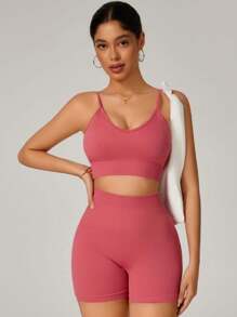 Seamless Ribbed Sport Yoga Set Shorts And Crisscross Top Adjustable Strap Backless Butt Lift Shapewear Foreign Fashion Gym Fitness - 藕粉色 - 查看 3