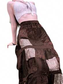 Women Long Patchwork Skirt, Adults Vintage Elegant Flower Print Pleated Skirt Brown - Marrón - Ver 7