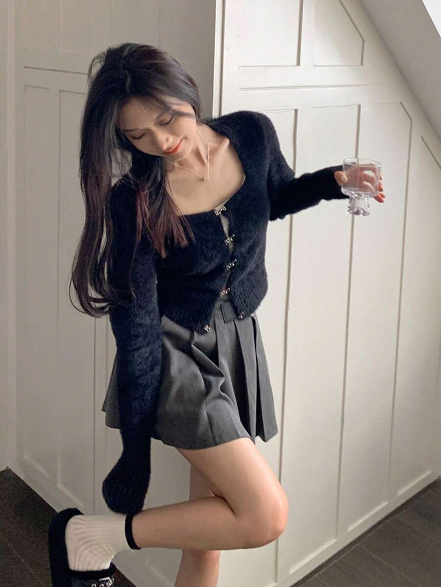 女士休闲优雅长袖针织衫,适合秋冬季穿着,黑色 - 黑色 - 查看 1
