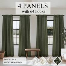 4 Panels Semi Transparent Cotton And Linen  Curtains, Farmhouse Ring Clips Back Tab Track System Hook Belt Drapes For Bedroom Living Room Office ,Bohemian Home Decoration, Back Tab Hooks Drapes With Hooks - Màu xanh Ô liu - Xem 1
