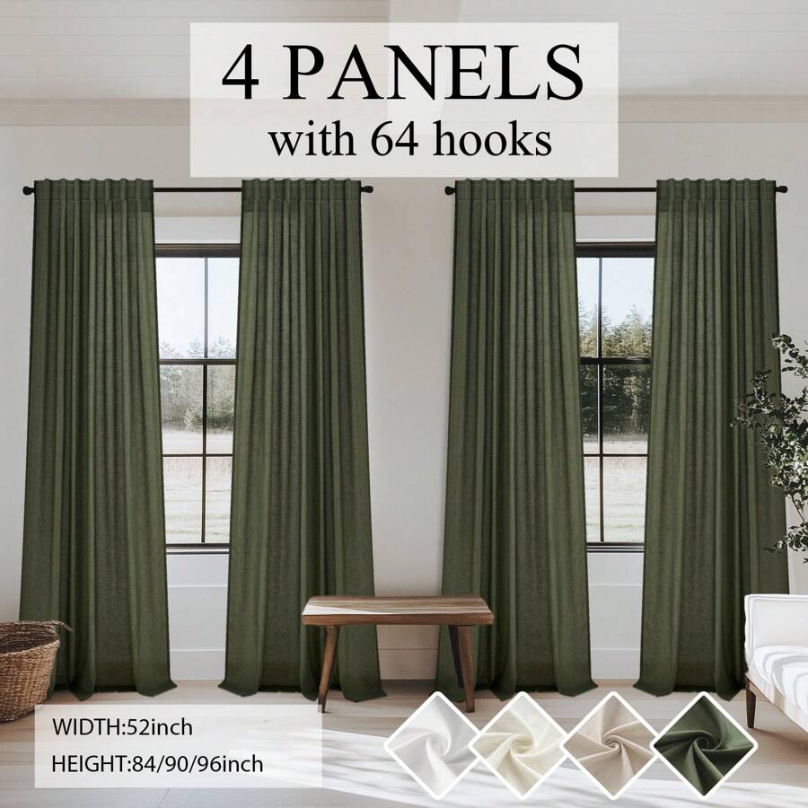 4 Panels Semi Transparent Cotton And Linen  Curtains, Farmhouse Ring Clips Back Tab Track System Hook Belt Drapes For Bedroom Living Room Office ,Bohemian Home Decoration, Back Tab Hooks Drapes With Hooks - Màu xanh Ô liu - Xem 1