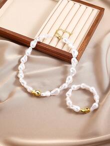2 件手链和项链套装粗款珠宝金色亚克力珠饰女士珠宝，粗链条设计适合女性搭配日常服装派对宴会配饰 - 白色 - 查看 2
