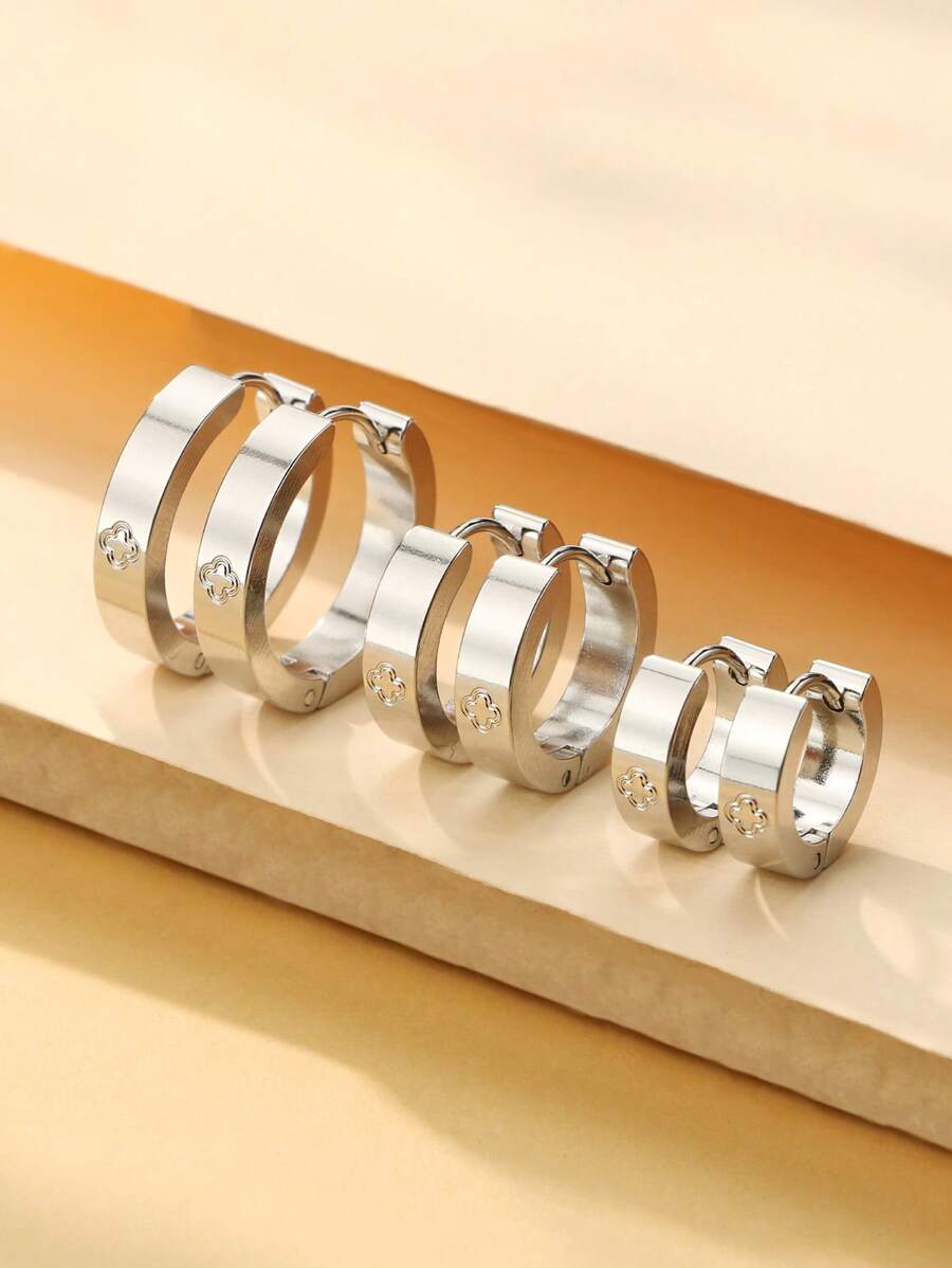 1 对/2 件 4 毫米宽不锈钢可爱耳环女士耳环珠宝情人节 - 銀色 - 查看 1