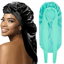 Blauwe mutsen voor dames, effen muts voor vlechten met elastische strikband, slaapmuts voor lang krullend en steil haar, grote lange muts, slaapmutsen geschikt voor alle kapsels, muts, douchemuts, haarproducten en accessoires voor kapperssalons, beauty reisbenodigdheden, terug naar school, essentiële reisbenodigdheden voor op reis, haaraccessoires voor vrouwen