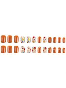 24pcs Colorful Flower Adhesive Nail Art Stickers, Retro Style Full Cover Nail Tips, Fashionable & Minimalist Design, Autumn Season - Multicolor - View 5