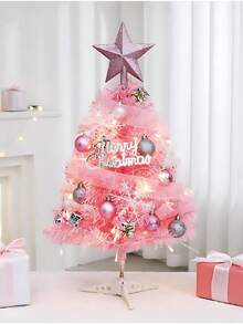 1pc-2ft Artificial Christmas Tree Pink Tabletop Christmas Tree With Plastic Stand Mini Christmas Pine Tree For Christmas Home Decoration Party - Pink - View 8