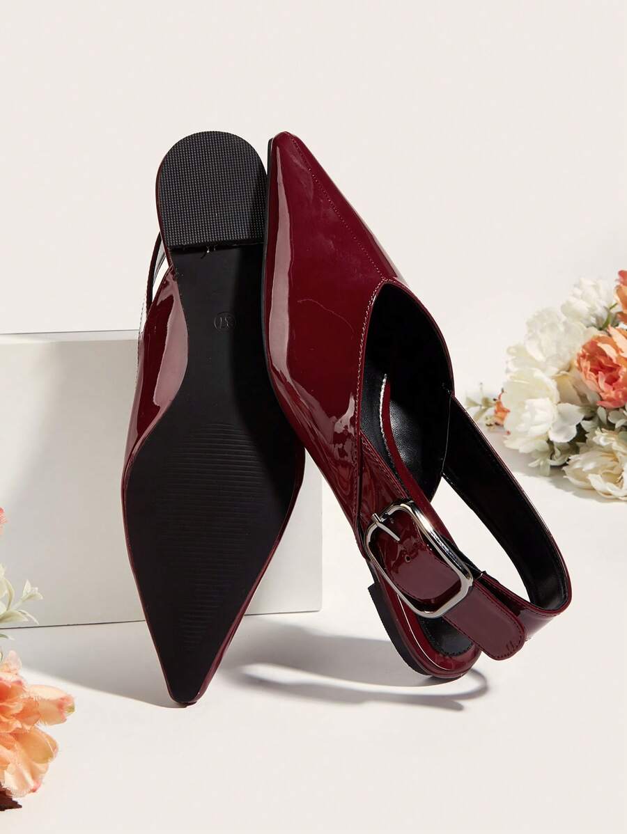 French Style Burgundy Leather Pointed Toe Buckle Decor Flat Mules