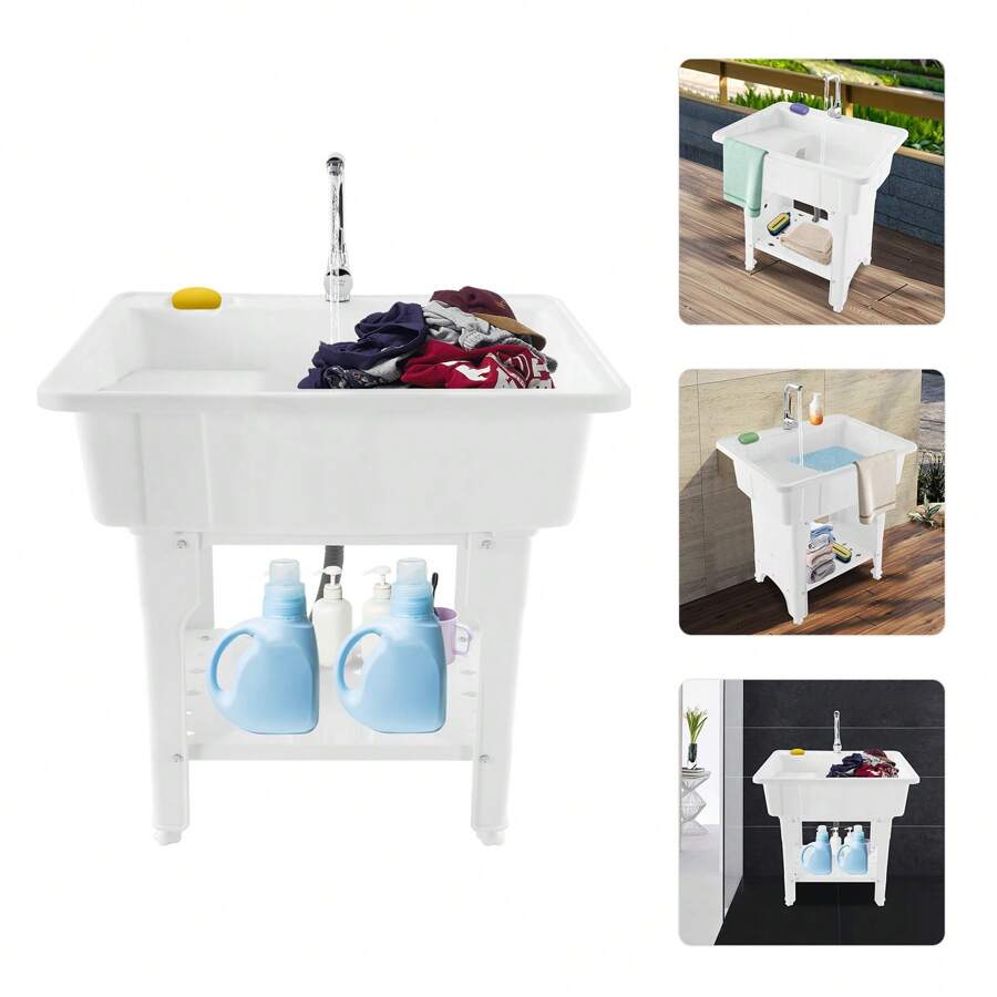 Freestanding Plastic Utility Sink Laundry Tub Kitchen Wash Bowl Basin