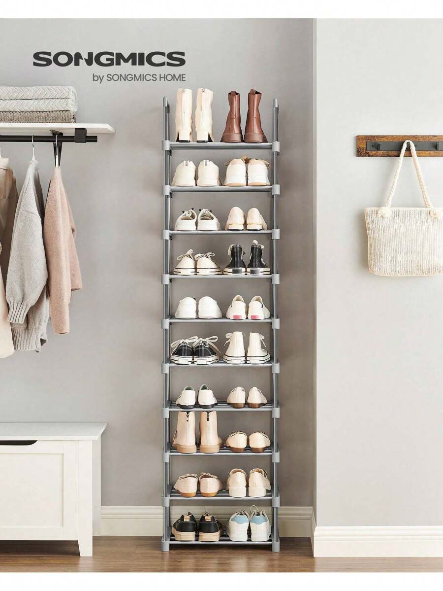 SONGMICS Scarpiera a 10 Ripiani Grande, Scaffale Portascarpe in Metallo, Fai da Te, Scaffale Salvaspazio e Versatile per Ingresso Soggiorno Camera da Letto Cucina, 45 x 30 x 174 cm, Grigio, Ritorno a Scuola