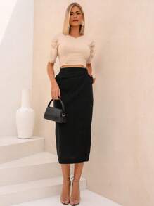 Linen Midi Skirt With Discreet Pockets, Side Slit And Sophisticated Flap - 黑色 - 查看 2