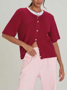 Women's Knit Cardigan Half Sleeve Round Neck Solid Color Button Up Knitwear - 紅色 - 查看 2
