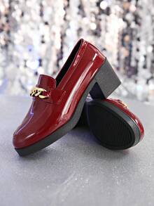 British Style Chain-Decor Slip-On Loafers, Square Toe Thick Heel Work Flats - Burgundy - View 3