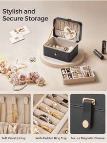 SONGMICS 珠宝盒，双层珠宝收纳，11 X 16 X 8 厘米旅行珠宝盒，便携式珠宝盒，小巧，宽敞，可容纳较大配饰，送礼佳品，黑色返校宿舍收纳