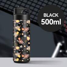 1pc Multicolor Flower/Cherry Pattern Fashion Cute Water Cup, Water Bottle, Stainless Steel Insulated Coffee Cup, Portable Carrying Handle, Travel Water Cup, Fitness, Home, Business Water Cup, Unisex Water Bottle, For Outdoor, Camping, Mother's Day Gift