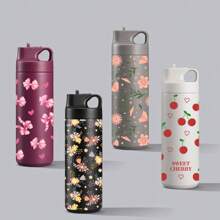 1pc Multicolor Flower/Cherry Pattern Fashion Cute Water Cup, Water Bottle, Stainless Steel Insulated Coffee Cup, Portable Carrying Handle, Travel Water Cup, Fitness, Home, Business Water Cup, Unisex Water Bottle, For Outdoor, Camping, Mother's Day Gift