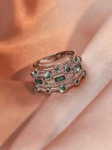 方晶鋯石裝飾戒指 - 銀色 - 查看 3