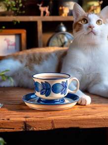 DearDali 复古手绘陶瓷咖啡杯碟套装，适用于咖啡或茶，1 套，260 毫升 - 彩色 - 查看 6