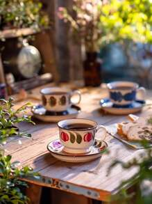 DearDali 复古手绘陶瓷咖啡杯碟套装，适用于咖啡或茶，1 套，260 毫升 - 彩色 - 查看 9