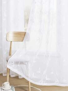2pcs White Embroidered Sheer Curtains - Floral Pattern, Elegant Embroidery Design For Living Room And Bedroom Decor, With Grommet Rings