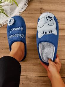 秋冬季卡通毛绒拖鞋，招财猫设计，保暖室内家居拖鞋，蓝色
