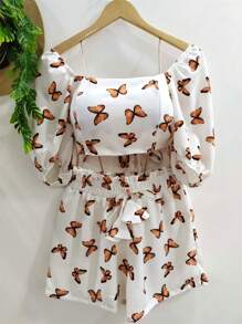 Women's Printed Set Cropped Multiforms And Shorts Summer Fashion - màu nâu - Xem 1