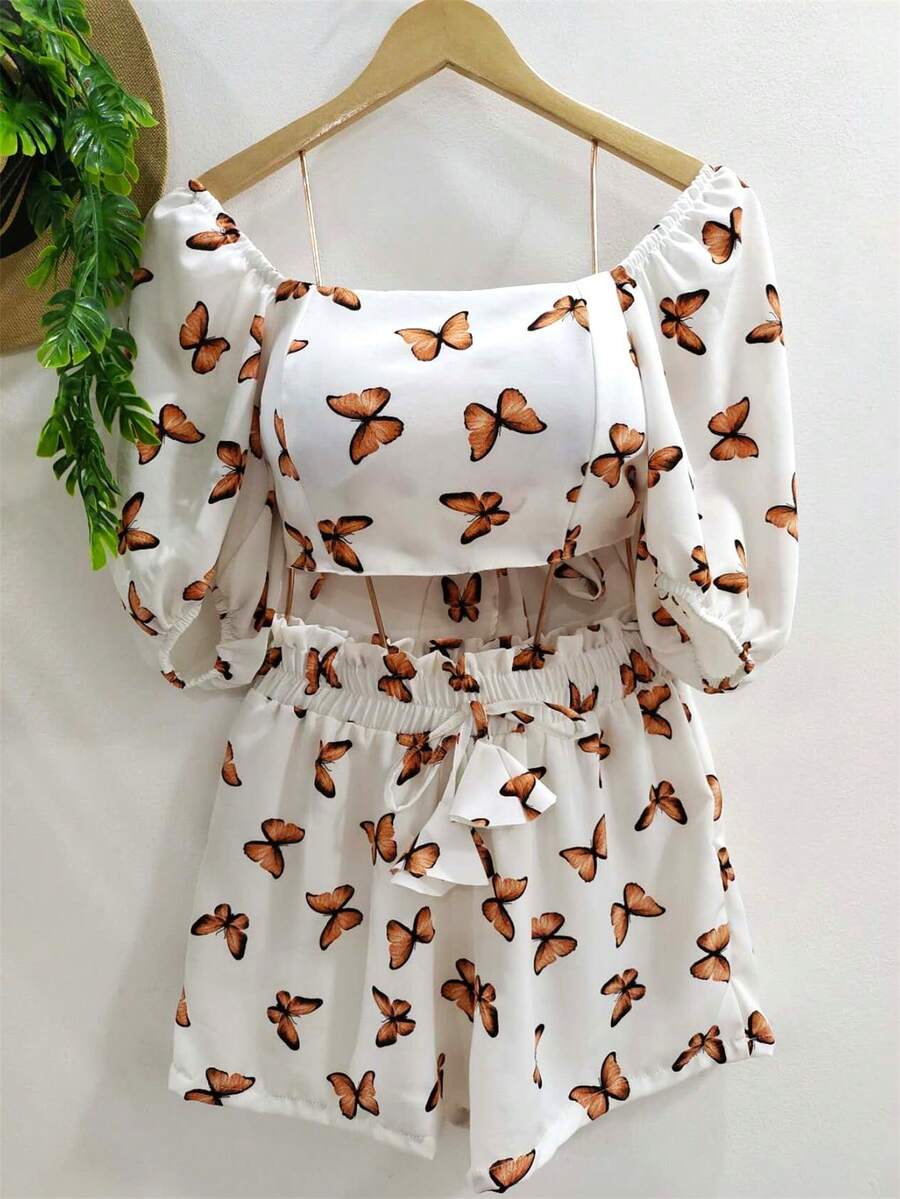 Women's Printed Set Cropped Multiforms And Shorts Summer Fashion - màu nâu - Xem 1