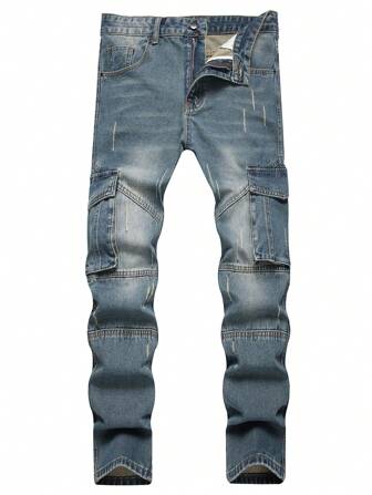 男士蓝色牛仔裤，带背带扣和侧袋