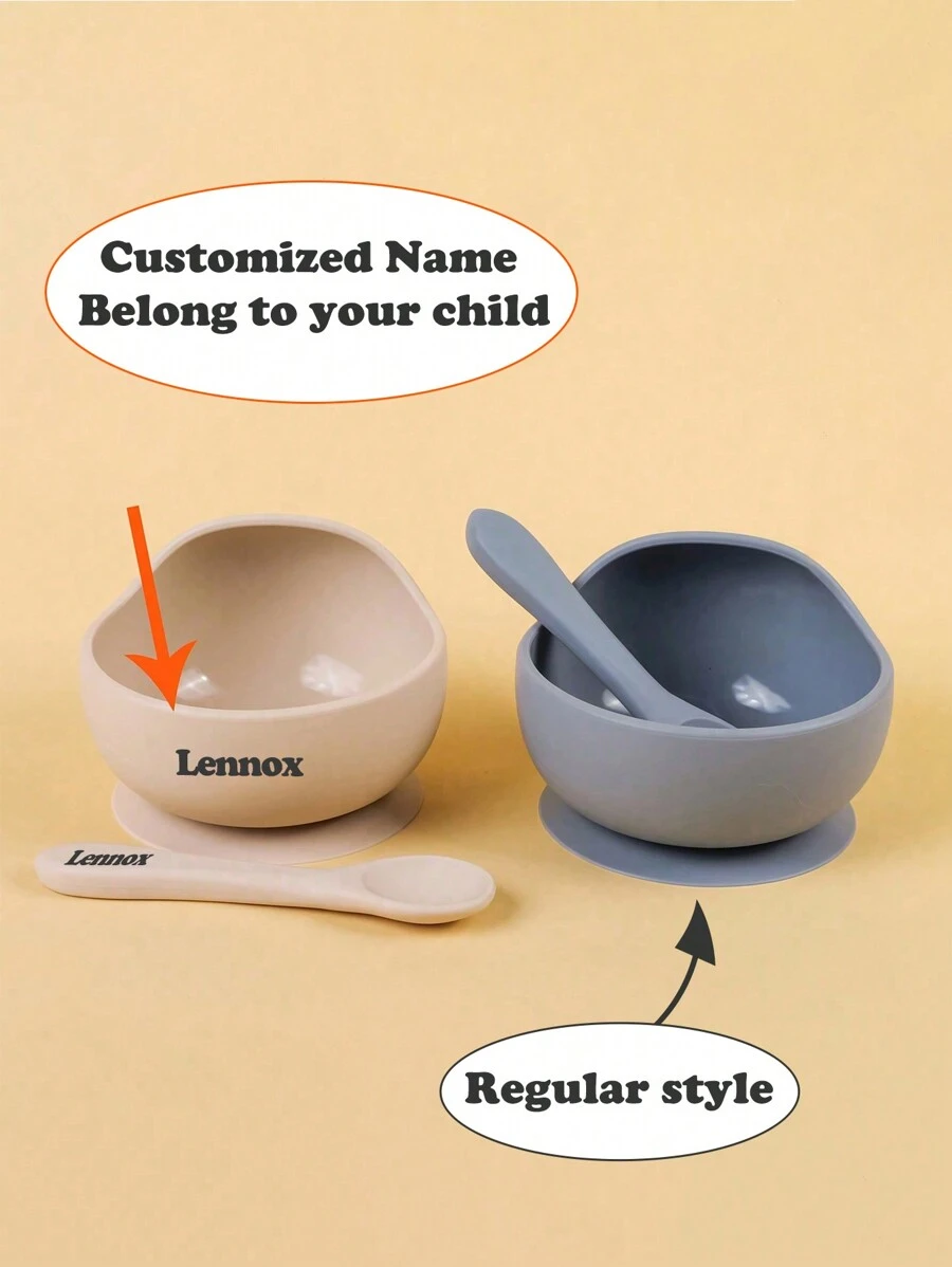 2pcs-Set Customized Name Silicone Kid Bowl Suction Silicone Handle Fork And Spoon Soft Children Tableware Solid Color Baby Lunch Plate Custom Child Stuff Personalized Gifts Winter Eve Gifts Back To School Winter Gift Ideas Boy Girl Valentine's Day