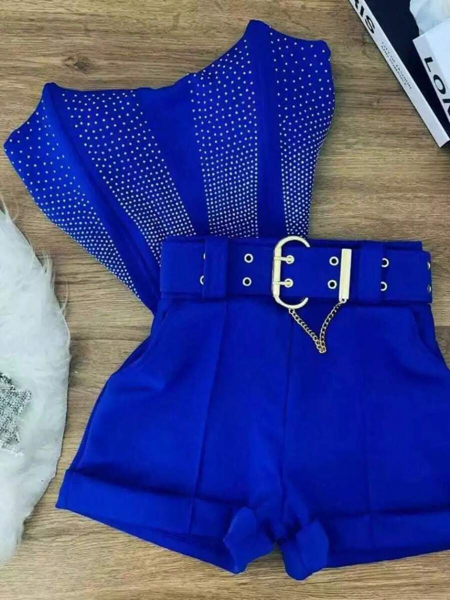 Cropped Corset And Short Set With Rhinestone Applique And Zipper - Màu xanh lam - Xem 1